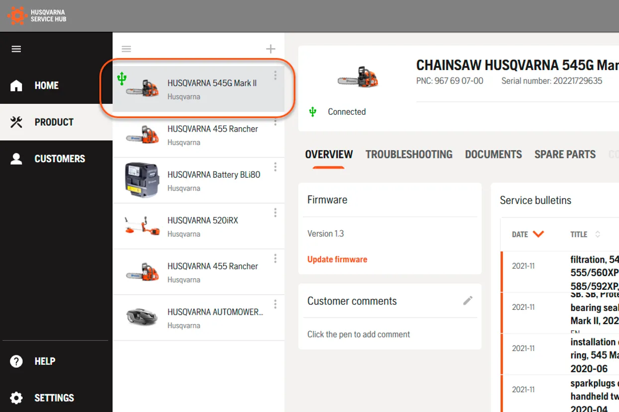 Razločne kode napak v storitvi Husqvarna Service Hub omogočajo natančno odpravljanje težav.