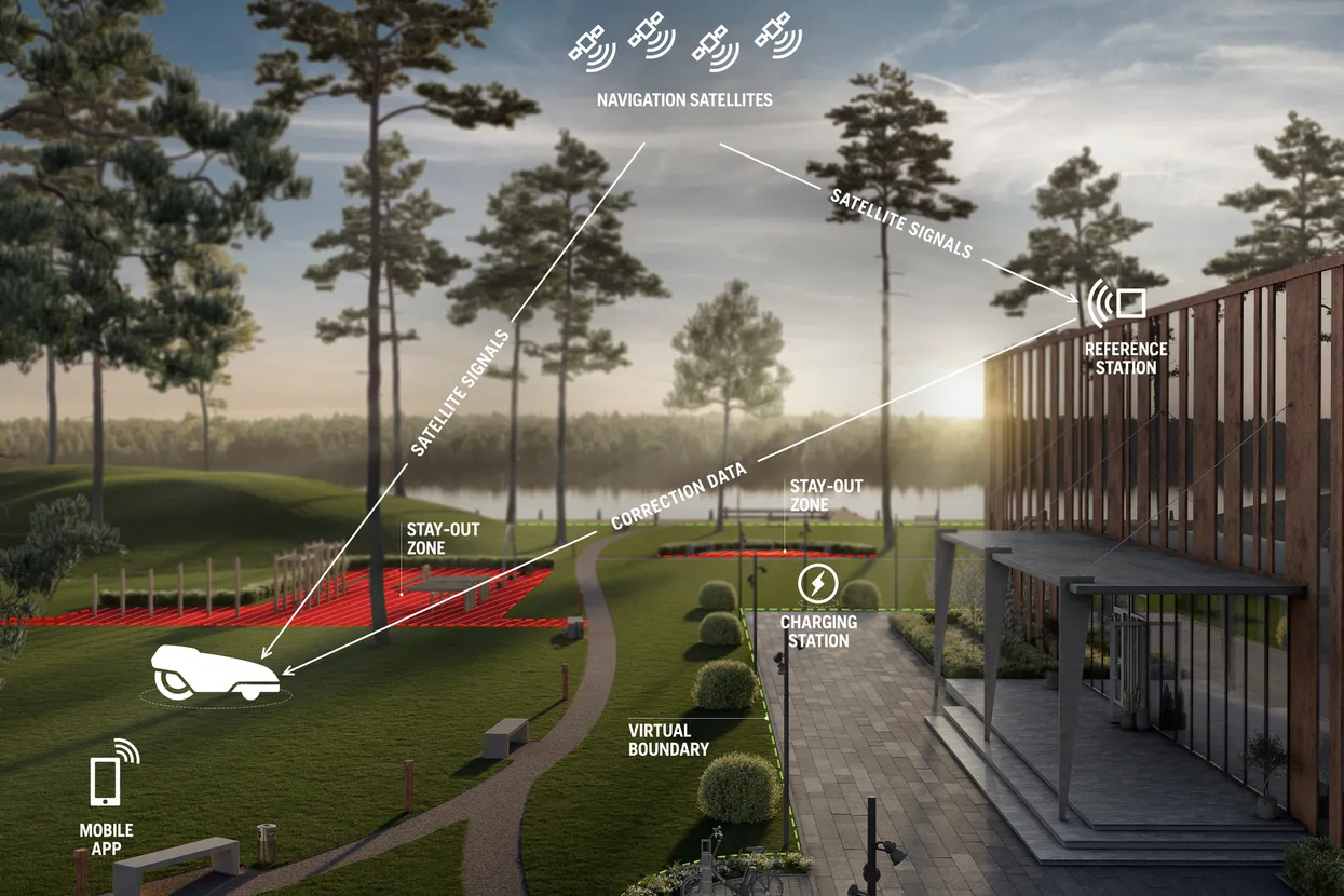 Virtualno delovanje brez žice s satelitsko tehnologijo RTK-GNSS omogoča natančnost do približno 2 cm. Odsotnost fizičnih žic pomeni novo raven robustnosti in prilagodljivosti.